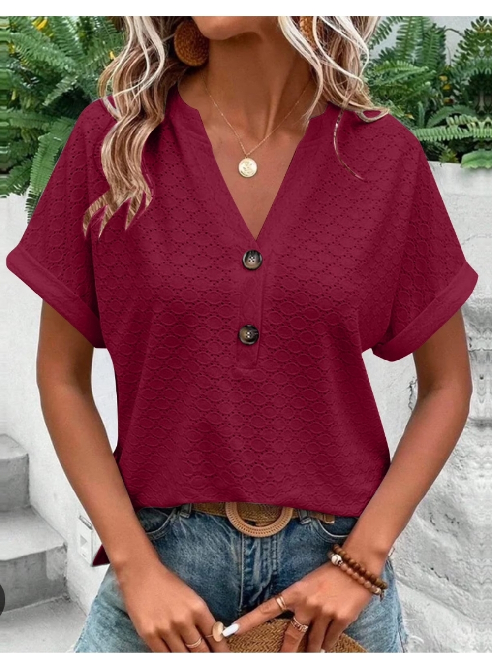 Raspberry Eyelet Knit Tee Oversized XL Blouse Autumnal